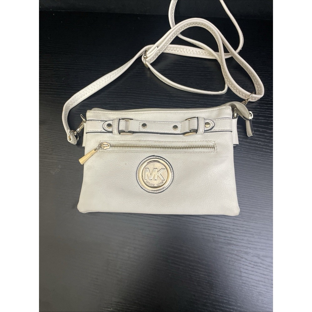 Michael Kors MK White Crossbody Purse Bag Gold Tone Logo Adjustable Strap